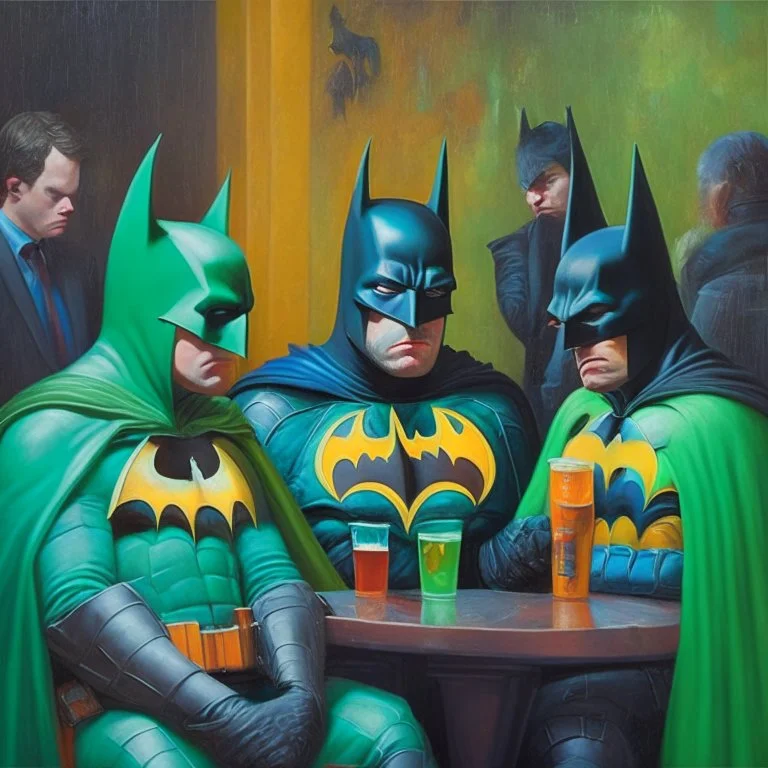 An oil painting of a dark universe masonic sad drunk batman cosplay convention, green batman, orange batman, cyan batman, white batman.