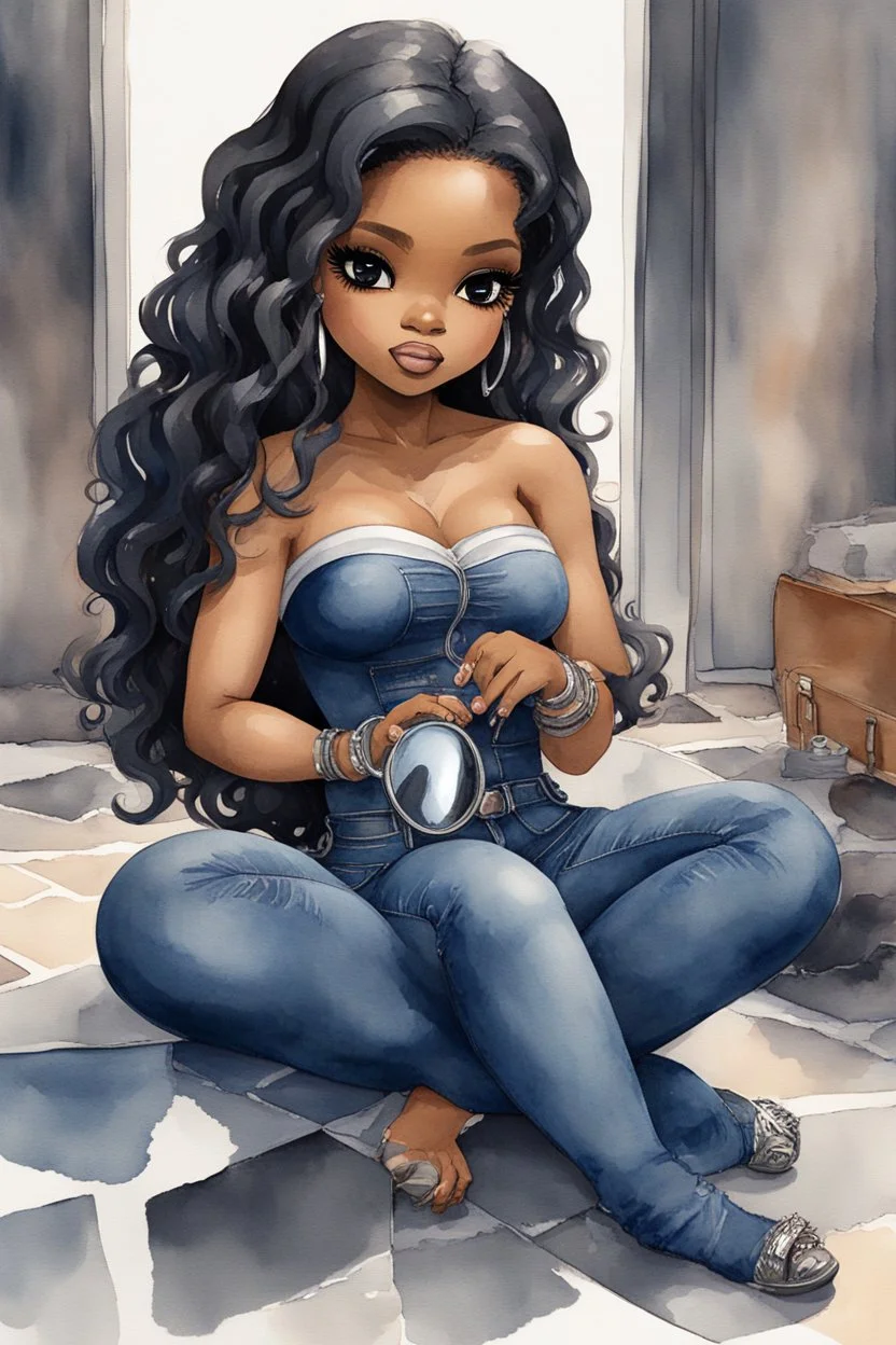 Create a futurism magna watercolor pain art of a black chibi curvy female sitting on the floor looking at herself in a hand mirror. She is wearing tight blue jeans and a black off the shoulder blouse. Prominent make up with lush lashes. Highly detailed long wavy hair. She is also wearing silver large hoop earringsart of a black chibi curvy female sitting on the floor looking at her cell phone. She is wearing tight blue jeans and a black off the shoulder blouse. Prominent make up with lush lashes