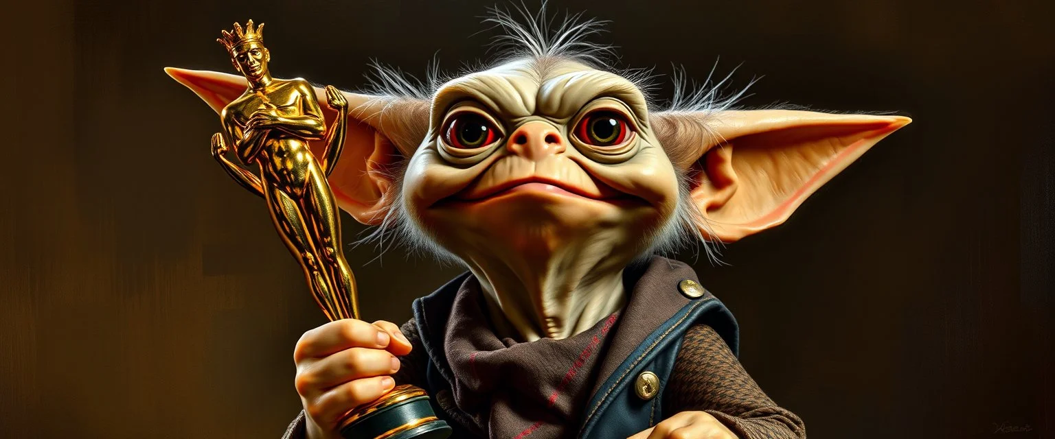 gremlin guy holding up the most retarded Oscar trophy, painted by Rembrandt