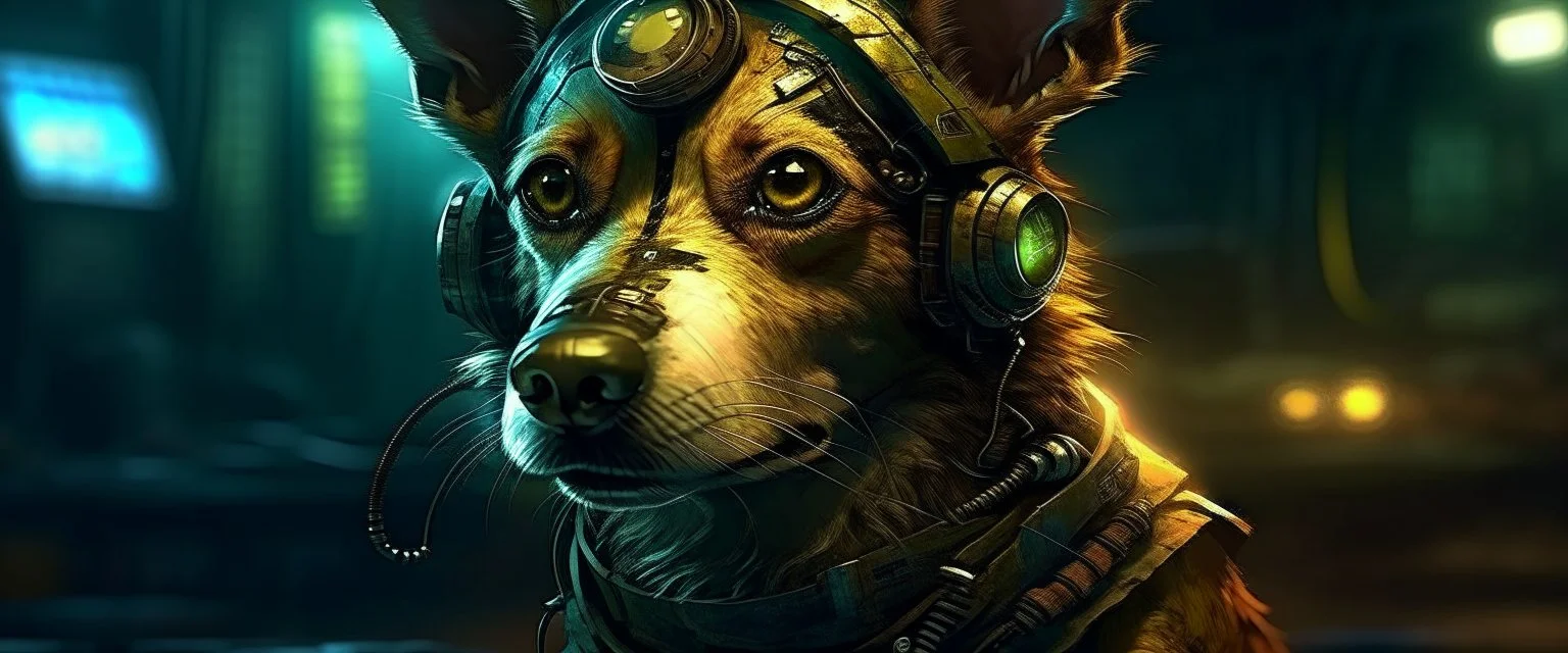 dog pixie quickling in cyberpunk setting, in the style of Rembrandt