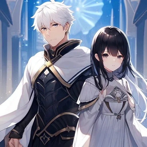 Girl with white hair wearing white robes. Boy with black hair wearing leather armor