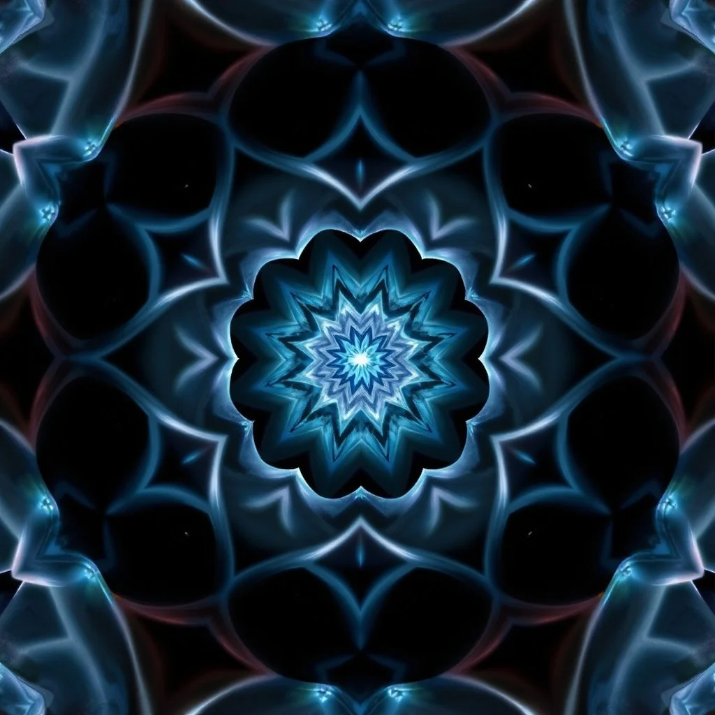 Mesmerizing abstract visual, 3d recursive Symmetrical structure of flowing translucent shapes, centered, soft aesthetic, negetive space.galaxsy background