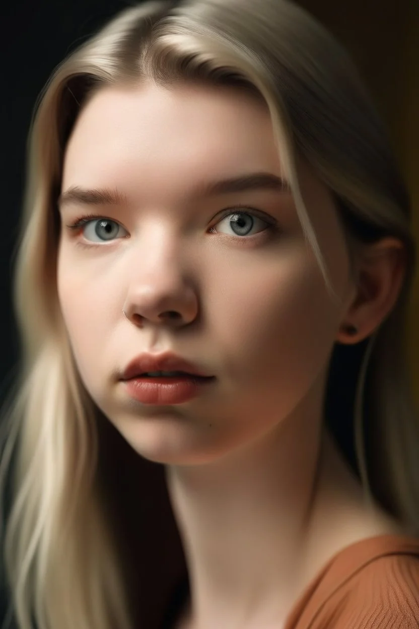 Anya Taylor-Joy, round innocent face, soft eyes, natural skin