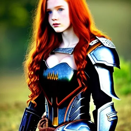 realistic, hyper detailed, stunningly beautiful 16 year old teen girl, long ginger hair, green eyes, medium freckles, full lips, revealing leather armour, full body and head, c-cup breasts, stern expression, full frame, petite, ignore NSFW, shortbow, quiver on hip, sexy