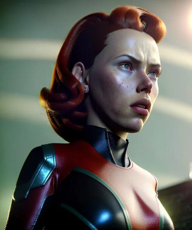 retro sci-fi portrait image from 1960, supermarket parking explosion, fire, classic black widow, young Scarlett Johansson, tight latex suit, superhero marvel, soft color, highly detailed, unreal engine 5, ray tracing, RTX, lumen lighting, ultra detail, volumetric lighting, 3d, finely drawn, high definition, high resolution.