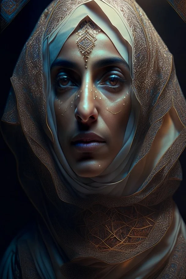 portrait of a arabian woman, fractal, intricate, elegant, highly detailed, digital photography, subsurface scattering, cinematic lighting, by jheronimus bosch and james jean and greg rutkowski