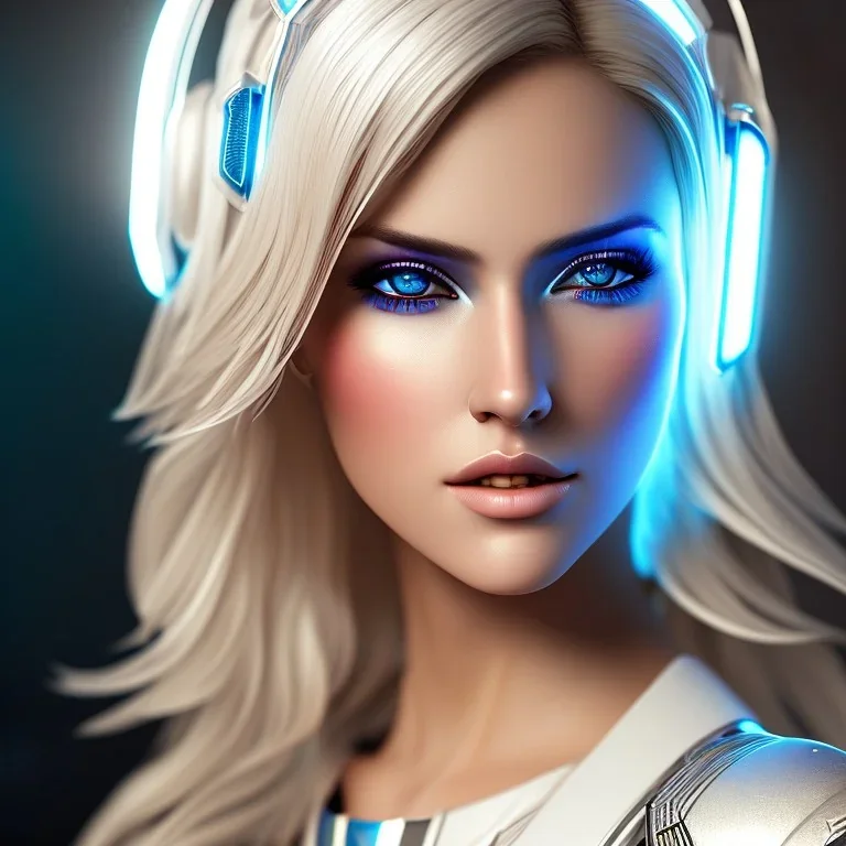 A beautiful portrait of a cute blond cyberpunk woman, high key lighting, volumetric light high details with white stripes and feathers and blue celtic paterns and helmet