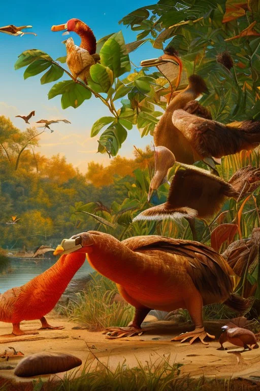 John James Audubon-like illustration of a fully uncropped Dodo bird and a Platypus in a landscape of yellows, reds, and warm blues