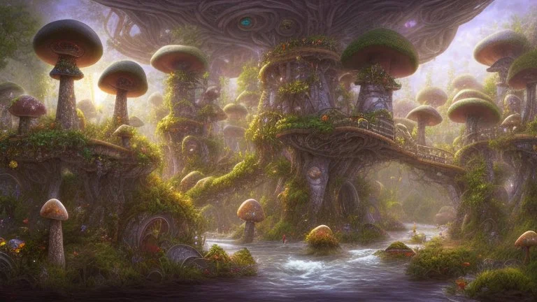 Gigantic mushroom village with balconies, archways, stairs, bridges, bushes, spanish moss, ivy, river, a winding pathway through the middle, in a valley