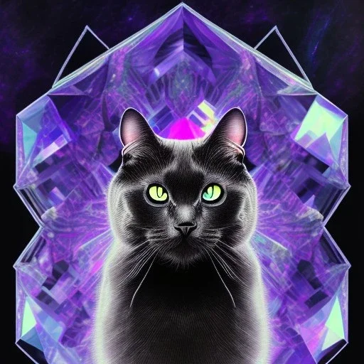 mystical black cat sits on a psychedelic crystal