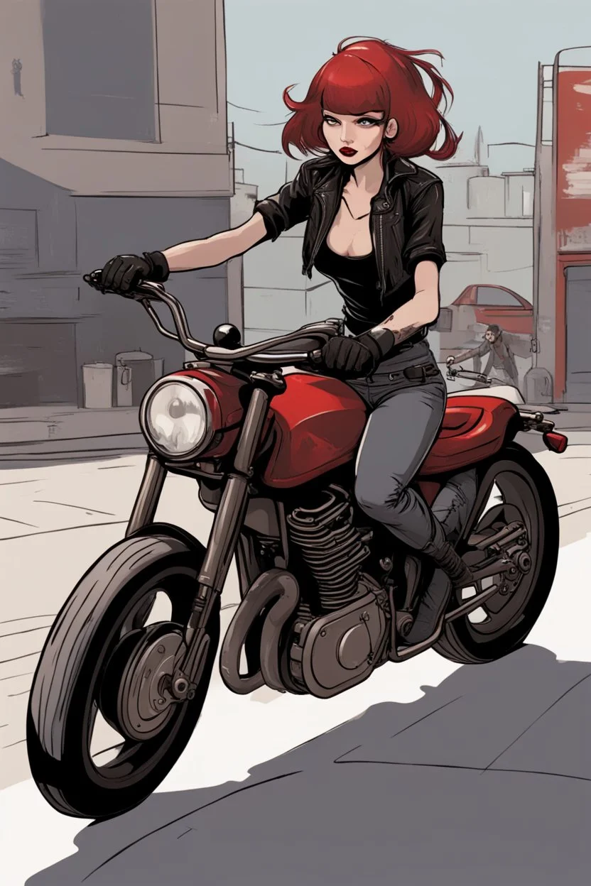 vampire girl with short cropped hair riding a cafe racer motorcycle