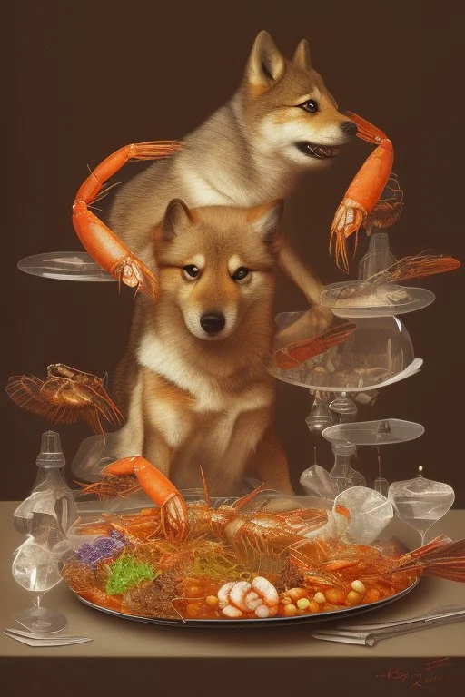 doge eating a shrimp platter