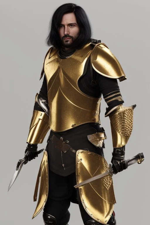 A handsome 30 year old man, black hair, male bob haircut, in black-and-gold plate armor, golden katana in both hands, no beard, european