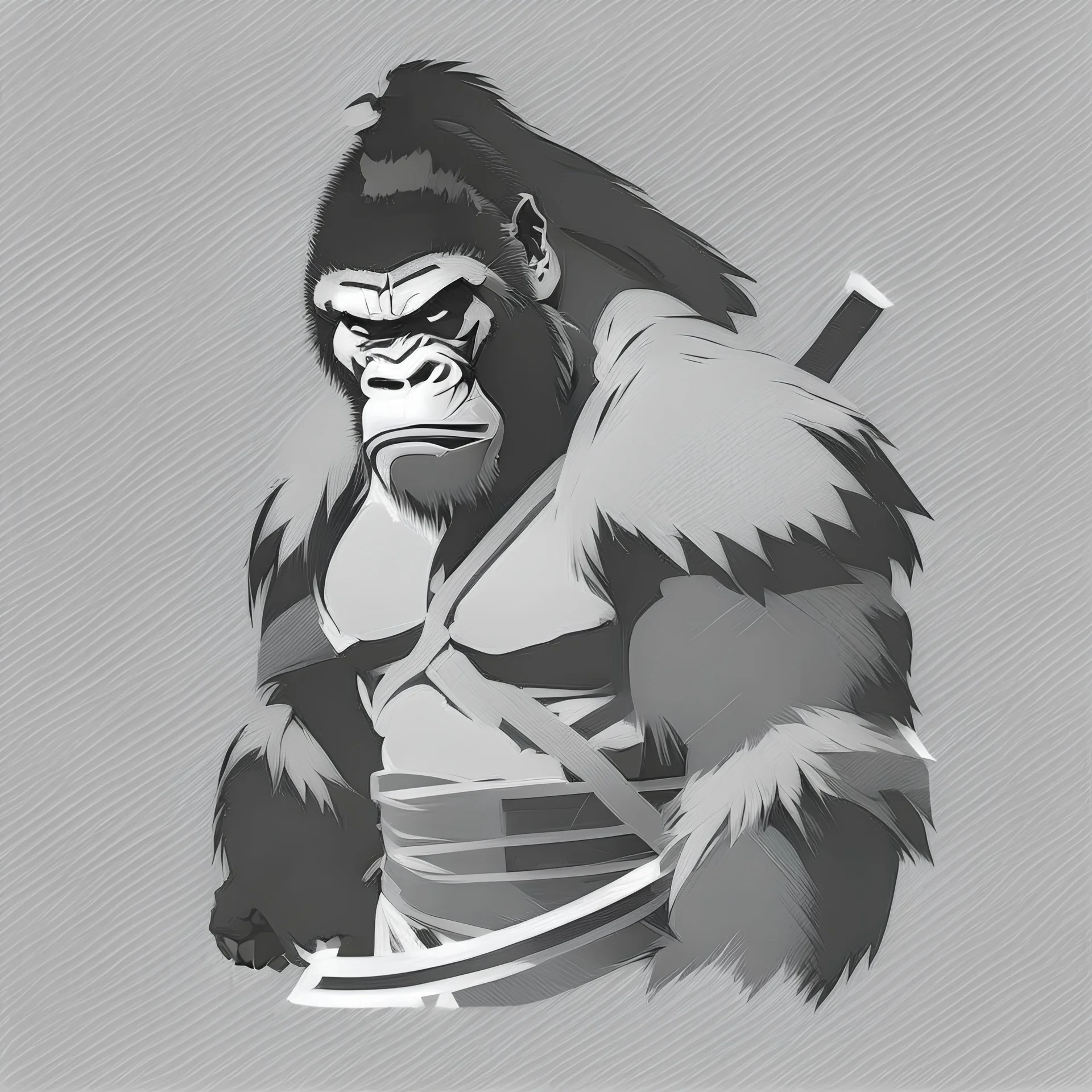 A flat vector icon of a Gorilla Samurai, black and white on a white background