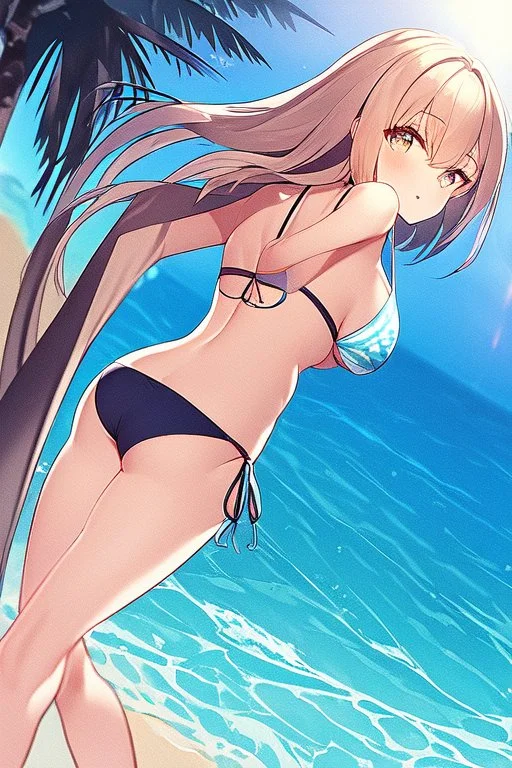 waifu at beach in a bikini with her back turned