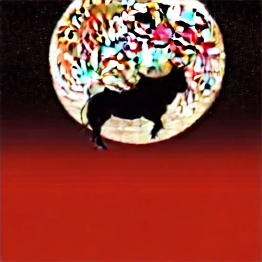 red samurai riding a red rhino, full moon background