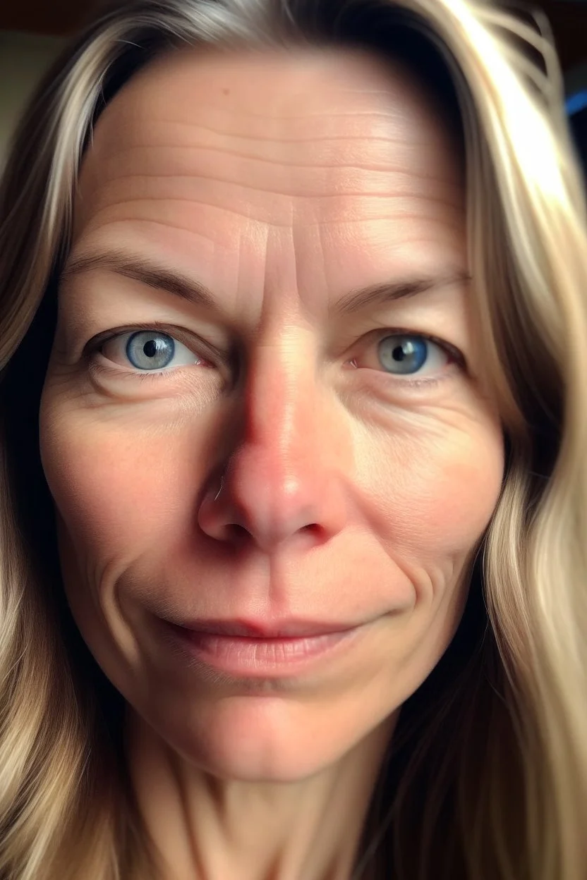 A selfie of a woman, middle blond hair, showing a 39-year-old European woman. She has brown hair, face without makeup, cute nose, detailed full lips, skin texture. Natural lighting and low contrast. Face framed.