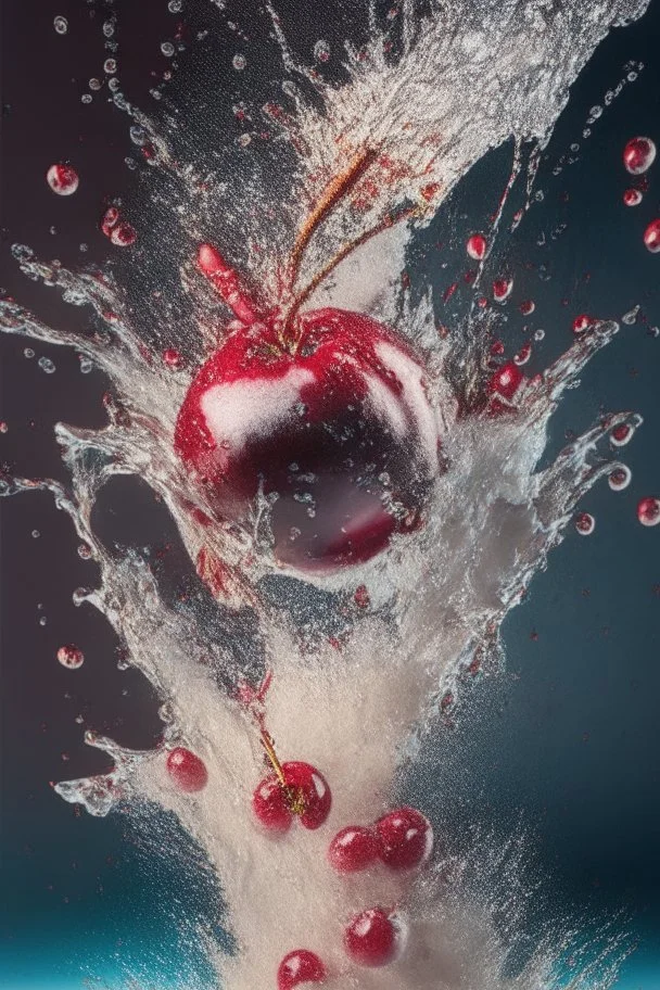 Explosion, splash, cherry is falling into the water, close up, water is splashing radially, centered, perfect composition, vogue style, Creative food photography, softbox, trending on art station, sharp focus, studio photo, intricate details, highly detailed, by Greg Rutkowski, fashion magazine cover