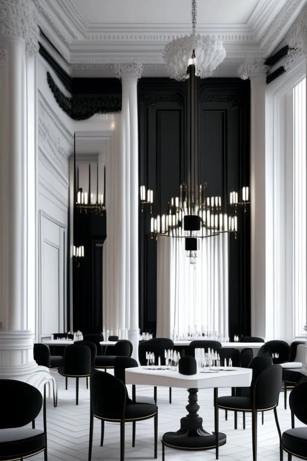 "Depiction of a neoclassical restaurant with black-and-white and residential-colored tables and chairs, along with chandeliers for lighting." Wiko is simple