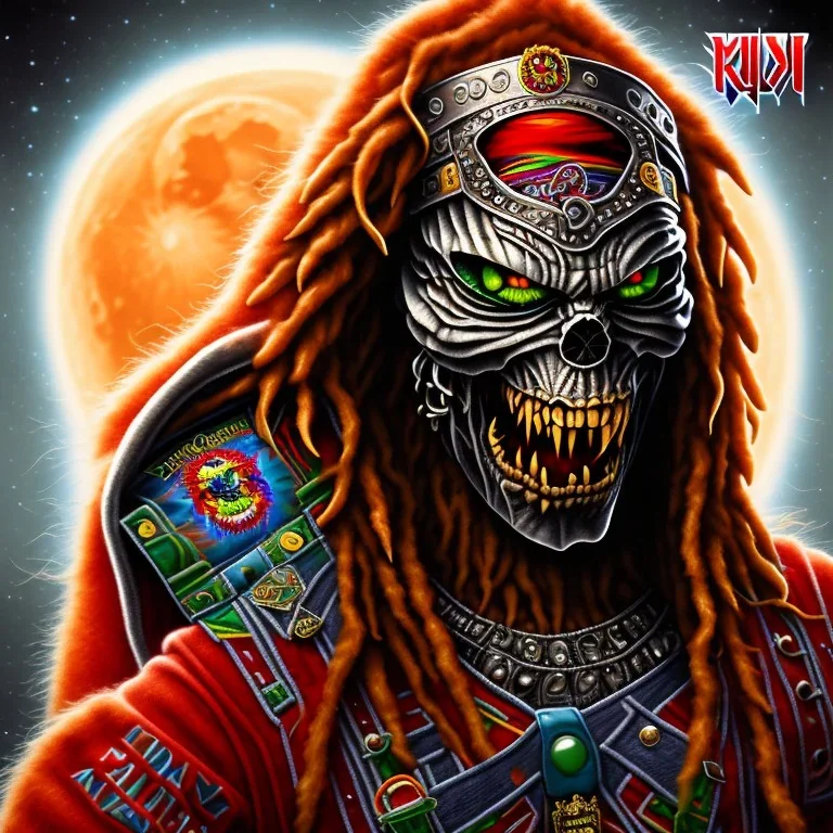 Portait Eddie mascotte iron maiden, bonnet rasta, yeux rouges, plage palmiers, nuit, lune rouge