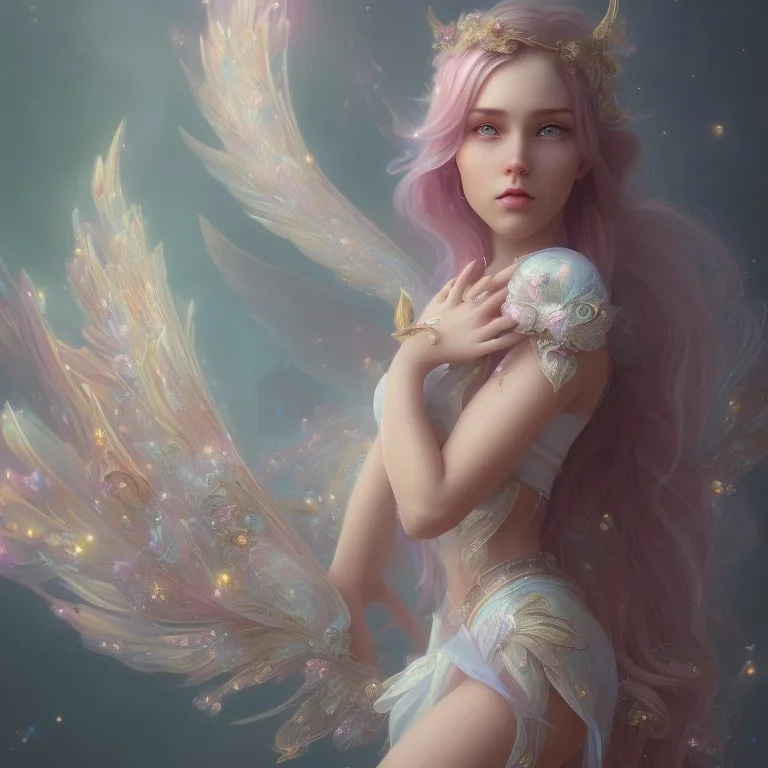 girl, fairy wings, cute, beautiful, long hair, pink hair, 8k resolution concept art portrait, Artgerm, WLOP, Alphonse Mucha dynamic lighting hyperdetailed intricately detailed Splash art trending on Artstation triadic colors Unreal Engine 5 volumetric lighting fairycore auroracore