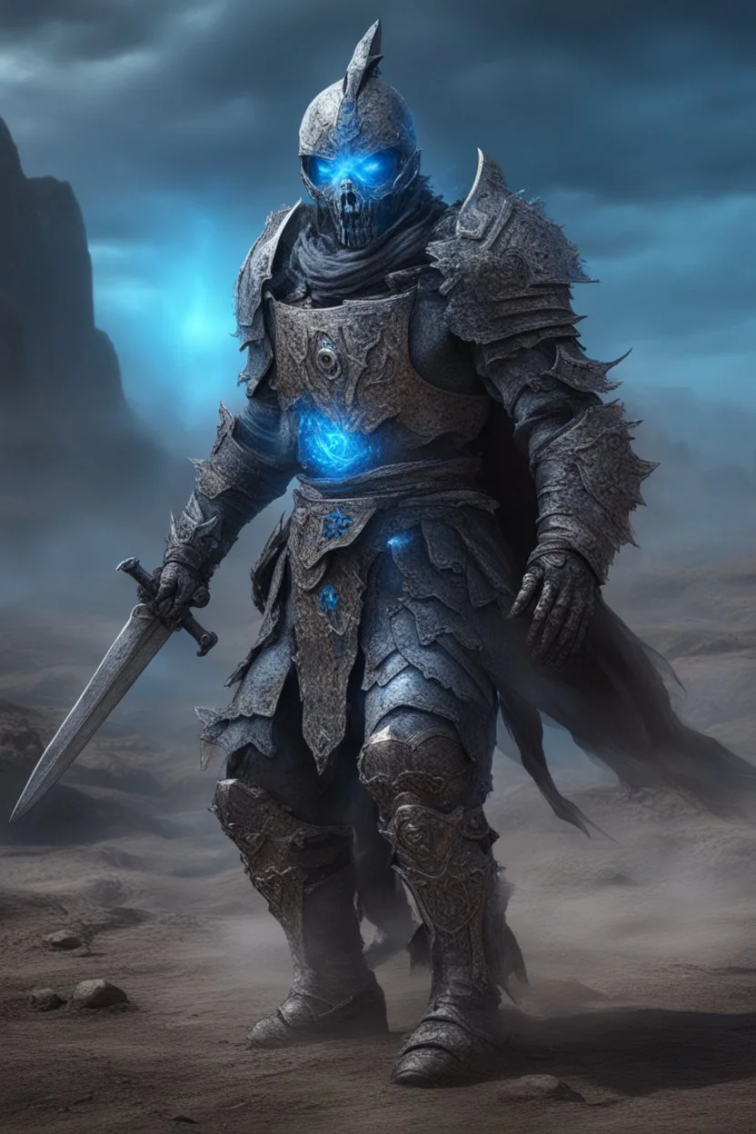 photorealistic Ancient undead psi-warrior knight commander wearing fullplate being surounded by blue aura wandering the wasteland