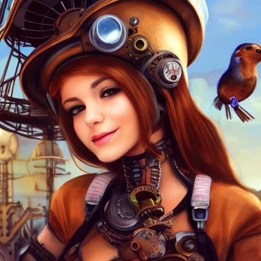 great illustrator, spanish, realistic rendering of a cute girl, beautiful, steampunk syle, aquarello. Helmet with tubes. smiling. Machinery in the background. robotic bird flying. High details. 4k. unreal engine