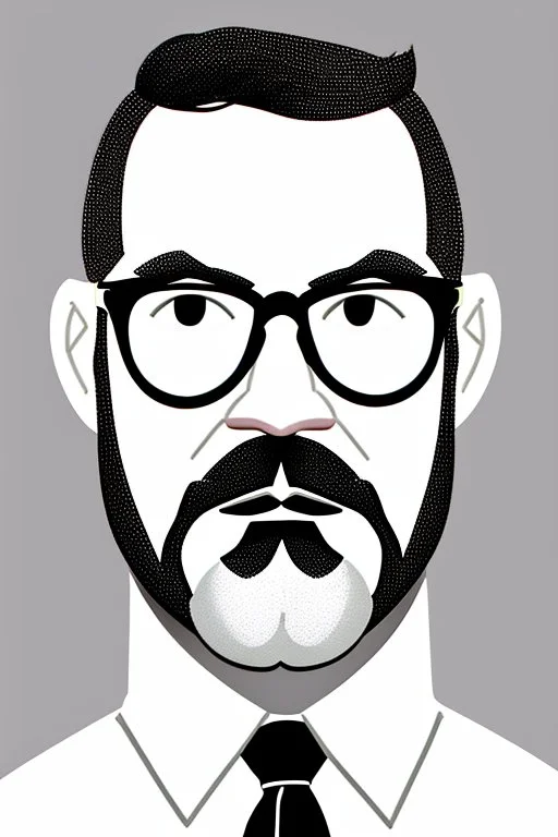 black and white,real estate agent,bald white male with thick grey beard,55 years old,metal wire frame glasses,, necktie,portly,detailed drawing,white background