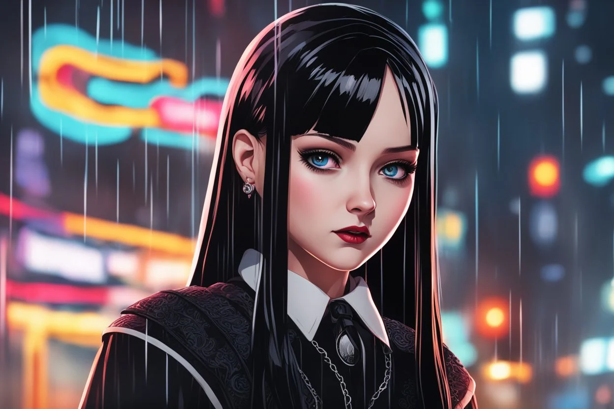 Hot wednesday addams in 8k realistic anime drawing style, Gothic them, neon effect, close picture, rain, highly detailed, high details, detailed portrait, masterpiece,ultra detailed, ultra quality