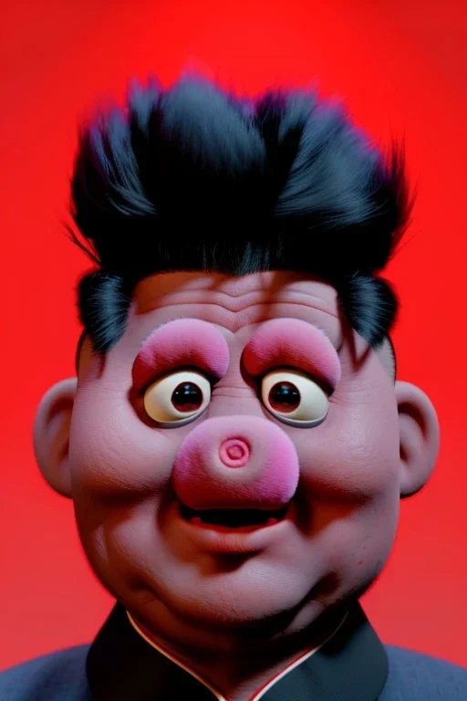 Waist up muppet Portrait, Kim Jong-un muppet doll, black suit, photo studio, red background, unreal engine 5, concept art, art station, god lights, ray tracing, RTX, lumen lighting, ultra detail, volumetric lighting, 3d.