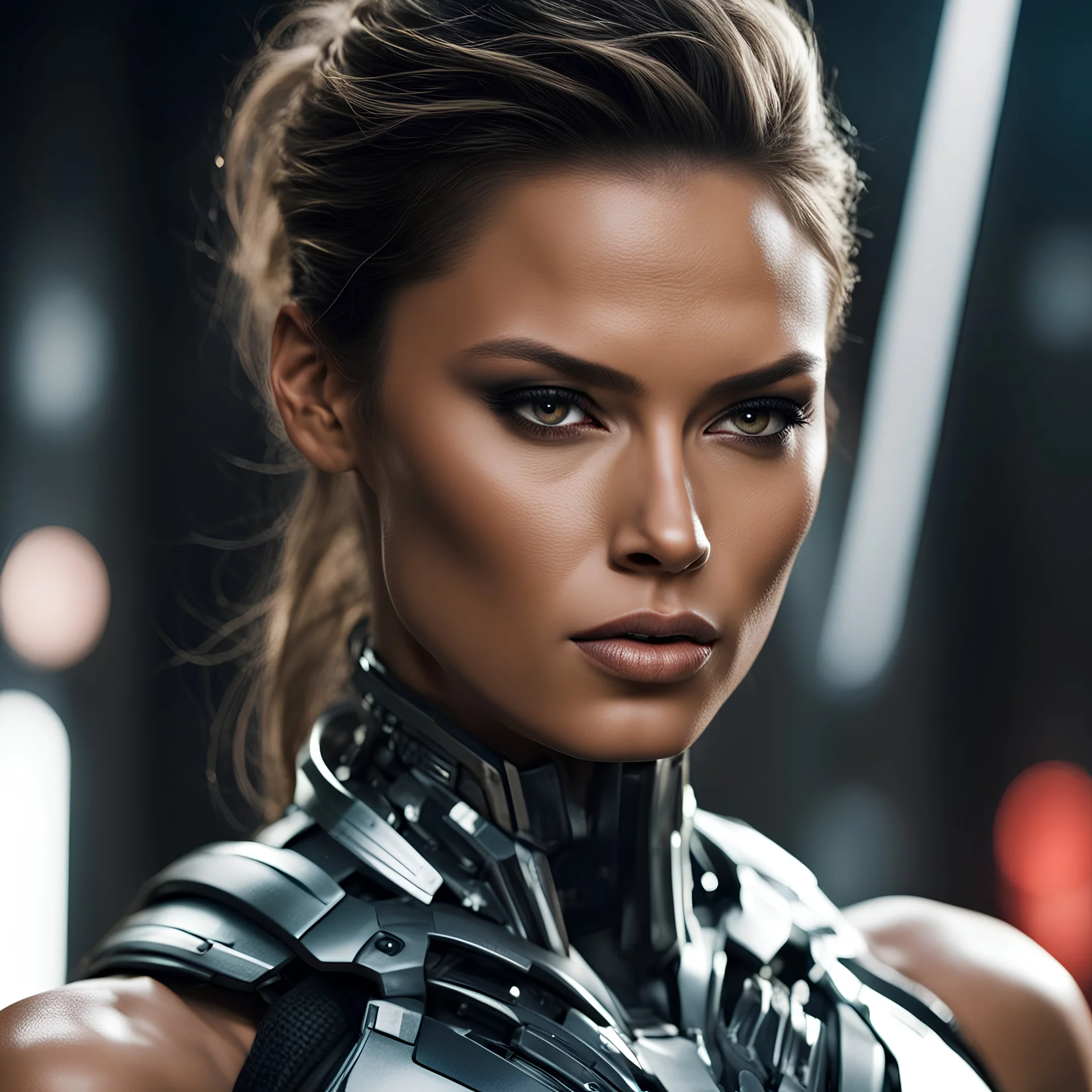 a close up of a woman, muscular sweat, movie still, attractive perfect face, supermodel body, movie still of a villain cyborg