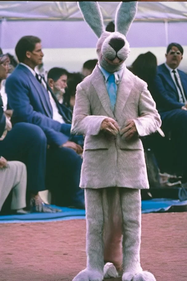 1990 human show the winner is a "half human rabbit combined animal::40", realistic (film Color Mission 200::10) photo from old disposable camera , grainy photo, large suit, macarbe