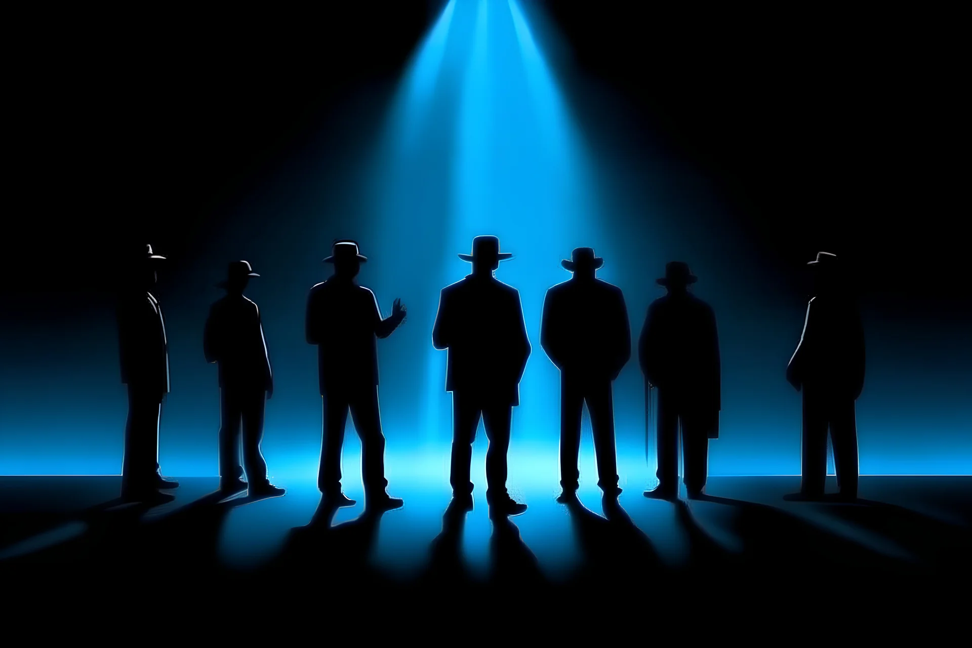 dark theatrical backdrop background with spotlight blue, minimal stage, dramatic, with silhouette of performers