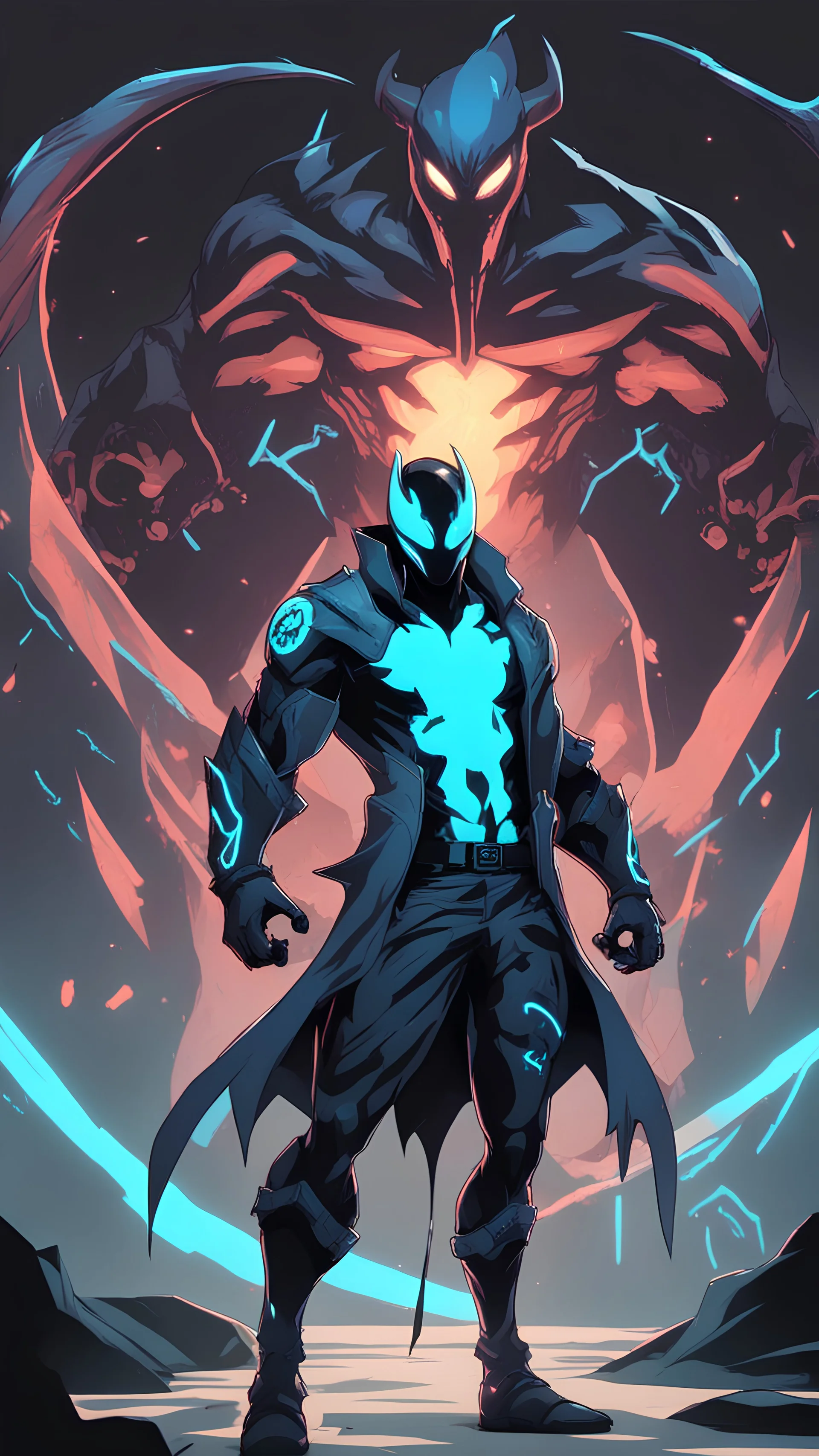 Mix between venom symbiote and genji in solo leveling shadow style with neon glowing blue