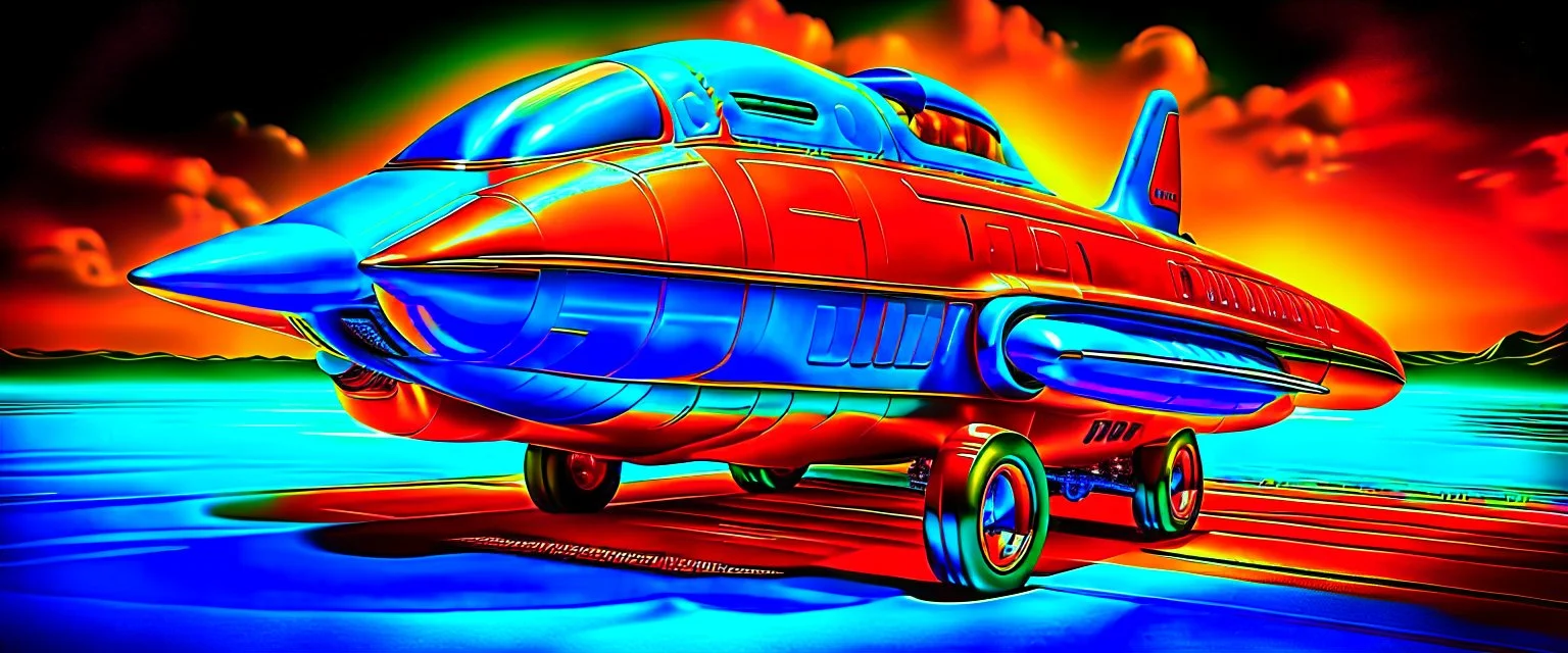 A national geographic award winning photograph of a military fighter jet station wagon wasp hybrid soviet retrofuturism designed by volkswagen only one vehicle per image painted metallic orange traveling at a high rate of speed, jet intake off of front center of vehicle and jet exhaust out the rear with bright blue flame