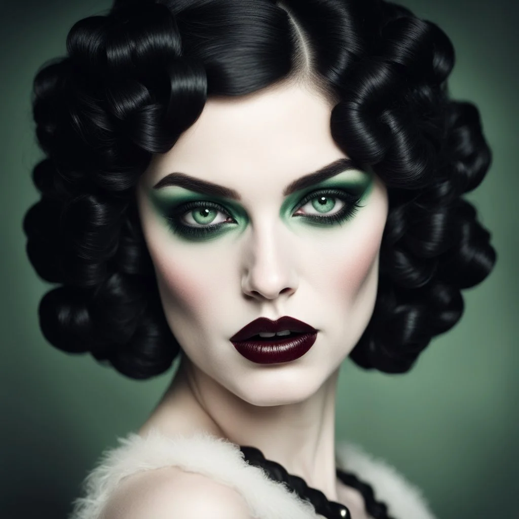 Flapper Woman, a woman with striking facial features. She has pale skin, piercing green eyes and dark, dramatic makeup, including bold, dark red lipstick. Her hair is predominantly black, styled in voluminous, tight curls, with a prominent white streak that is braided. The background is white, keeping the focus on her face and hair. The overall style of the image is gothic and dramatic, with a strong emphasis on contrast and detail.