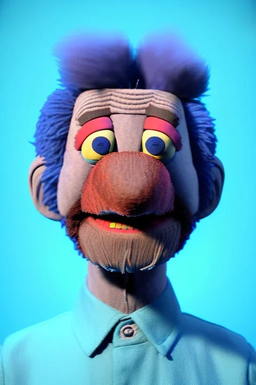 Waist up muppet Portrait, joe Biden as muppet doll, Blue suit retro style, photo studio, blue background, unreal engine 5, concept art, art station, god lights, ray tracing, RTX, lumen lighting, ultra detail, volumetric lighting, 3d.