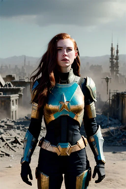 ultrarealistic, ruined city,__skimpy sci-fi armor__, __angles__, 18 year old woman, strikingly beautiful,ginger hair, _colour_, [__starlets__|__starlets__], (pale __skincolor__ skin:1.2), __camera__, _hair_, detailed face and eyes, medium breasts, leather choker, freckles, dynamic pose, resolved expression, __accessory__, strappy outfit, (straps:1.1), sword in scabard on left hip, (buckles, buttons, snaps, rings:1.0), haltertop style breastplate, detailed eyes, plump lips, sci-fi theme