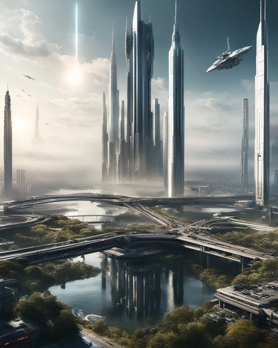 Sci Fi , spaceship landing promontory, city landscape, tall building, ponds, bridges, nature, cyberpunk style, view from sky, from top, space rockets in sky, launch stations, sf, intricate artwork masterpiece, ominous , artwork. cinematic, , hyper realism, high detail, octane render, 8 k, iridescent accents, cinematic, 4k