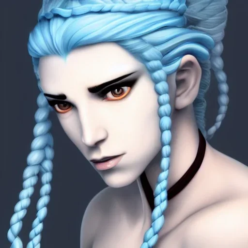 Female Air Genasi Monk with pale blue skin, braided white hair, grey eyes, and serene facial expression.