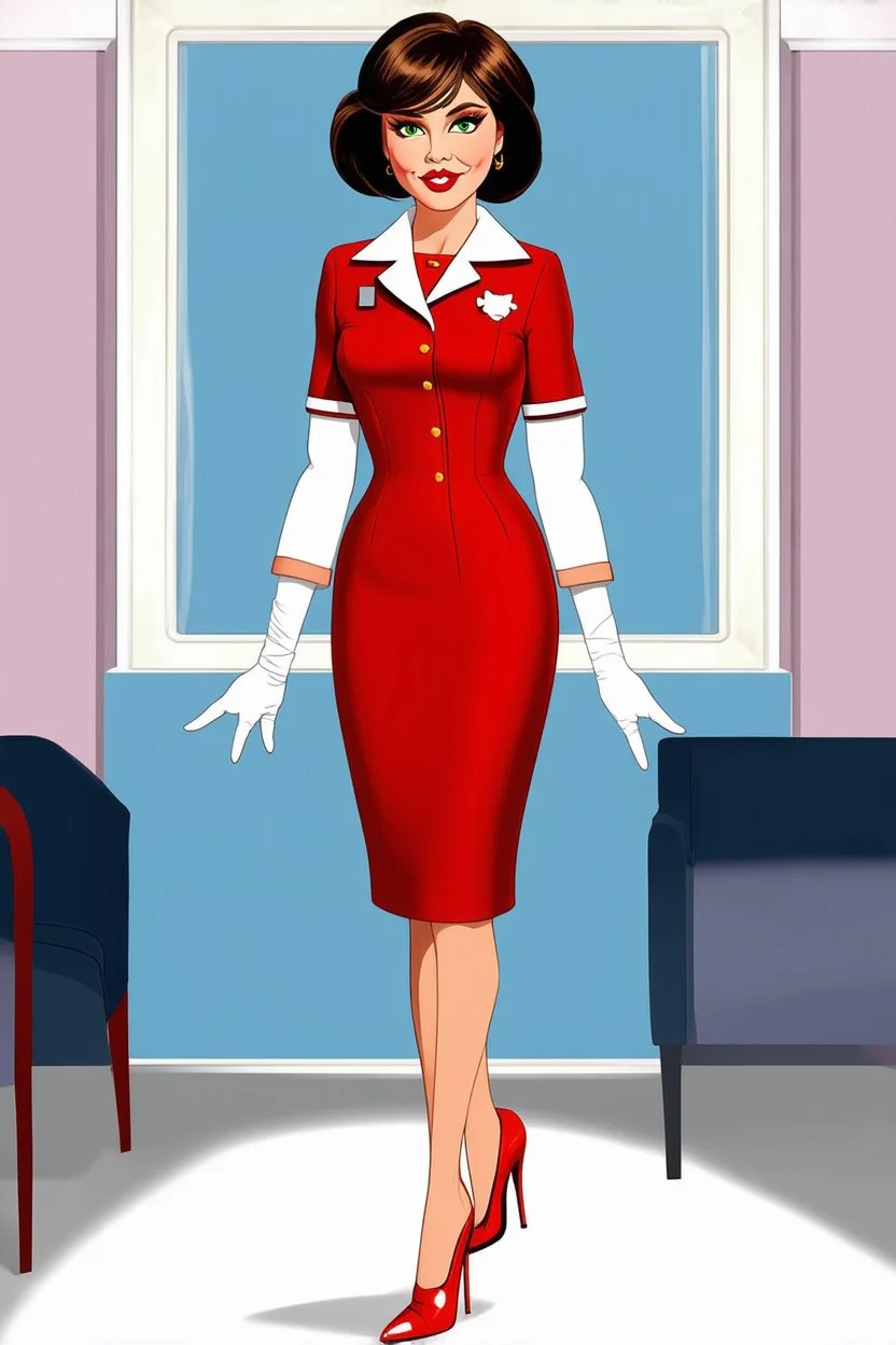 pin-up style realistic cartoon of 50 year old French brunette stewardess in short and tight, well-fitting red uniform dress with green eyes, very red lips and long eyelashes with shiny red very high heels, white long opera gloves