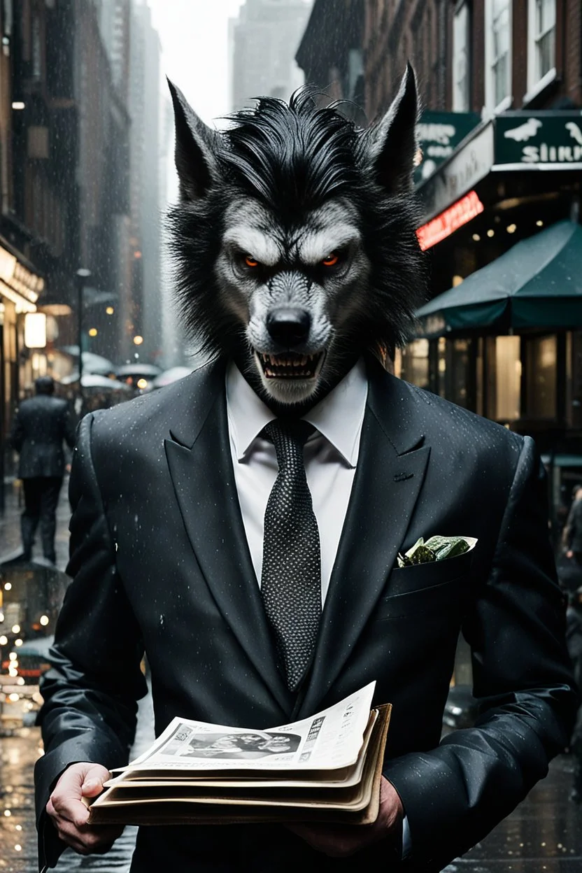 Werewolf in a suit walking the streets of Soho in the rain. He's holding a resraurant menu in his hand, and his hair is perfect. There is a Chinese restaurant in the background. Photograph.