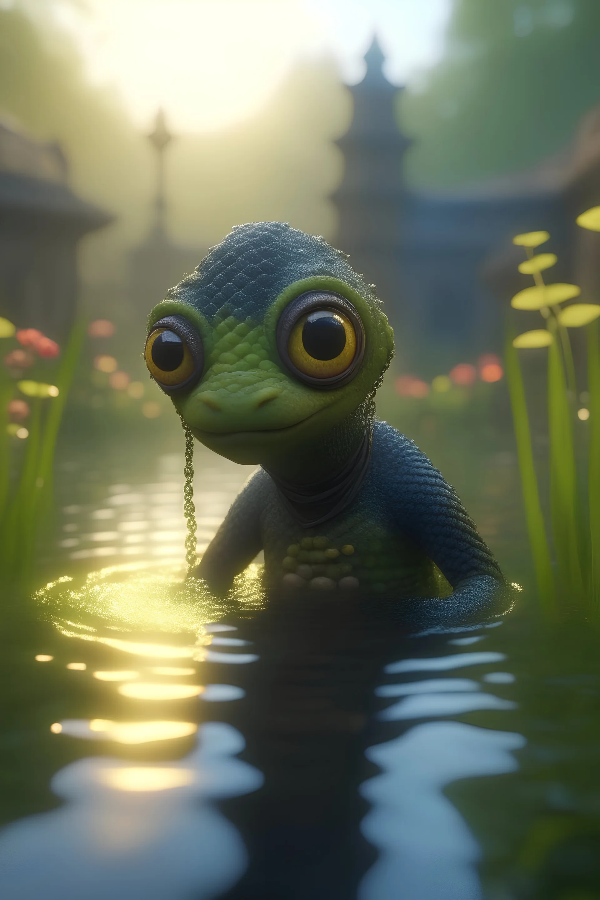 evil snake head, adorable cute chat priest robot with short punk hair and real human reflective eyes, fluffy floating in pond in garden of st. Barbara cathedral, its such a perfect day, motion blur, smoke, 8k, downlight, soft light, depth of field, photorealism, trending on art station, lotsa detail