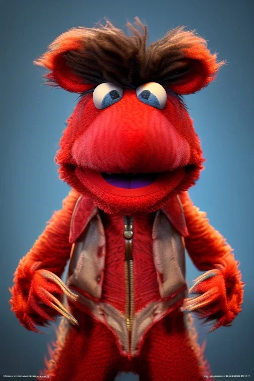 Waist up muppet Portrait, Nicolas maduro us muppet doll, Venezuelan president, tracksuit red blue and yellow, mustache, photo studio, red background, unreal engine 5, concept art, art station, ray tracing, lumen lighting, ultra detail, volumetric lighting, 3d.