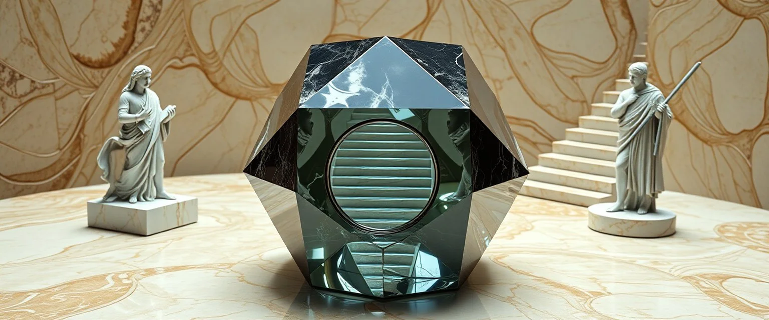 perfect geometry, niad, greek gods and heroes, the chariot, the fool and the tower tarot card disaster rendered in magnificient 4d glossy marble stones reflective and wet, like mirrors, winding stairs, watchers, statues of perfect transparent dented glass octahedron dice spaceship with oval interference door