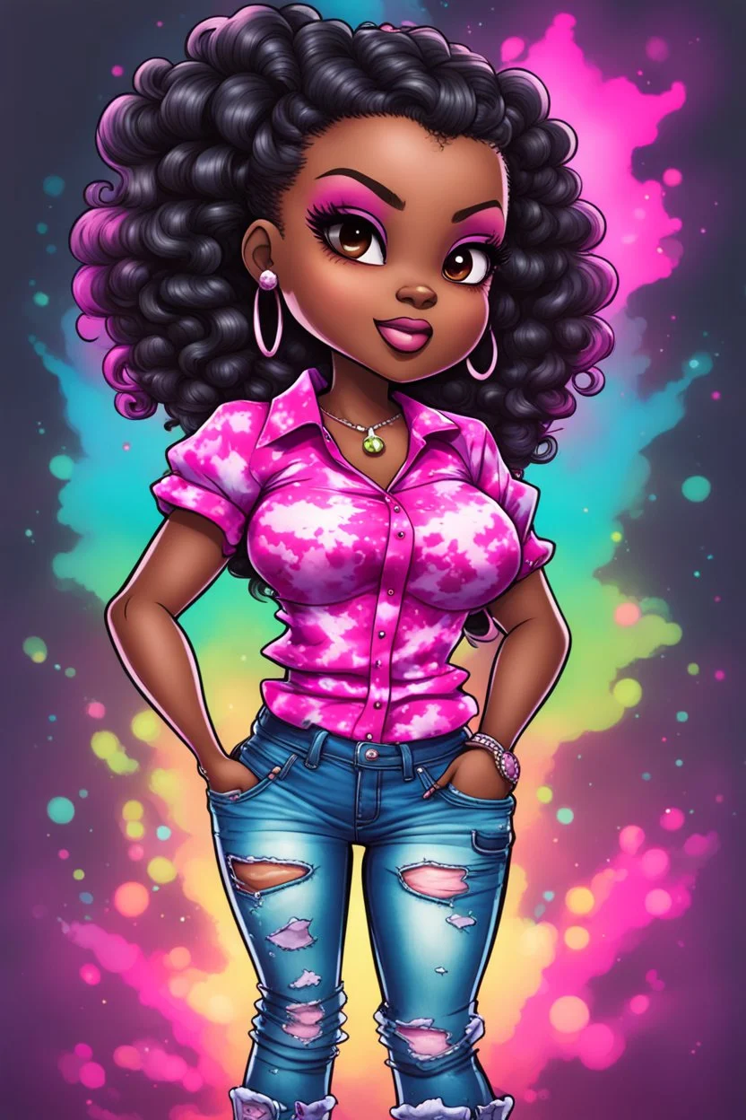 vibrant psychedelic comic book image, airbrush, 48k, cartoon art of a chibi curvy black female wearing torn jeans pants and a pink tie dye off the shoulder blouse. Prominent make up with lush lashes. Highly detailed sleek wavy ponytail