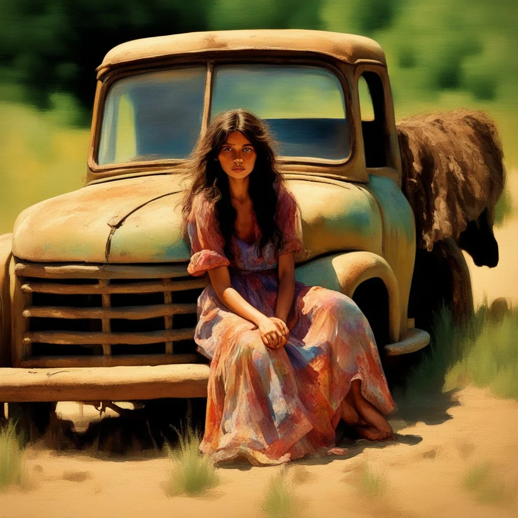 A gritty rough oil image of a gypsy girl sitting on the back of an old rusty truck in a summerscape in the country on a dirt road. The girl has a weathered, determined look, with long, flowing dark hair and a colorful, tattered dress. The