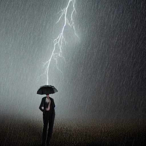 A princess standing. Epic scale. Heavy cold rain. Epic Thunderstorm. An engineer looking up. Futuristic scenary. Gray mist.