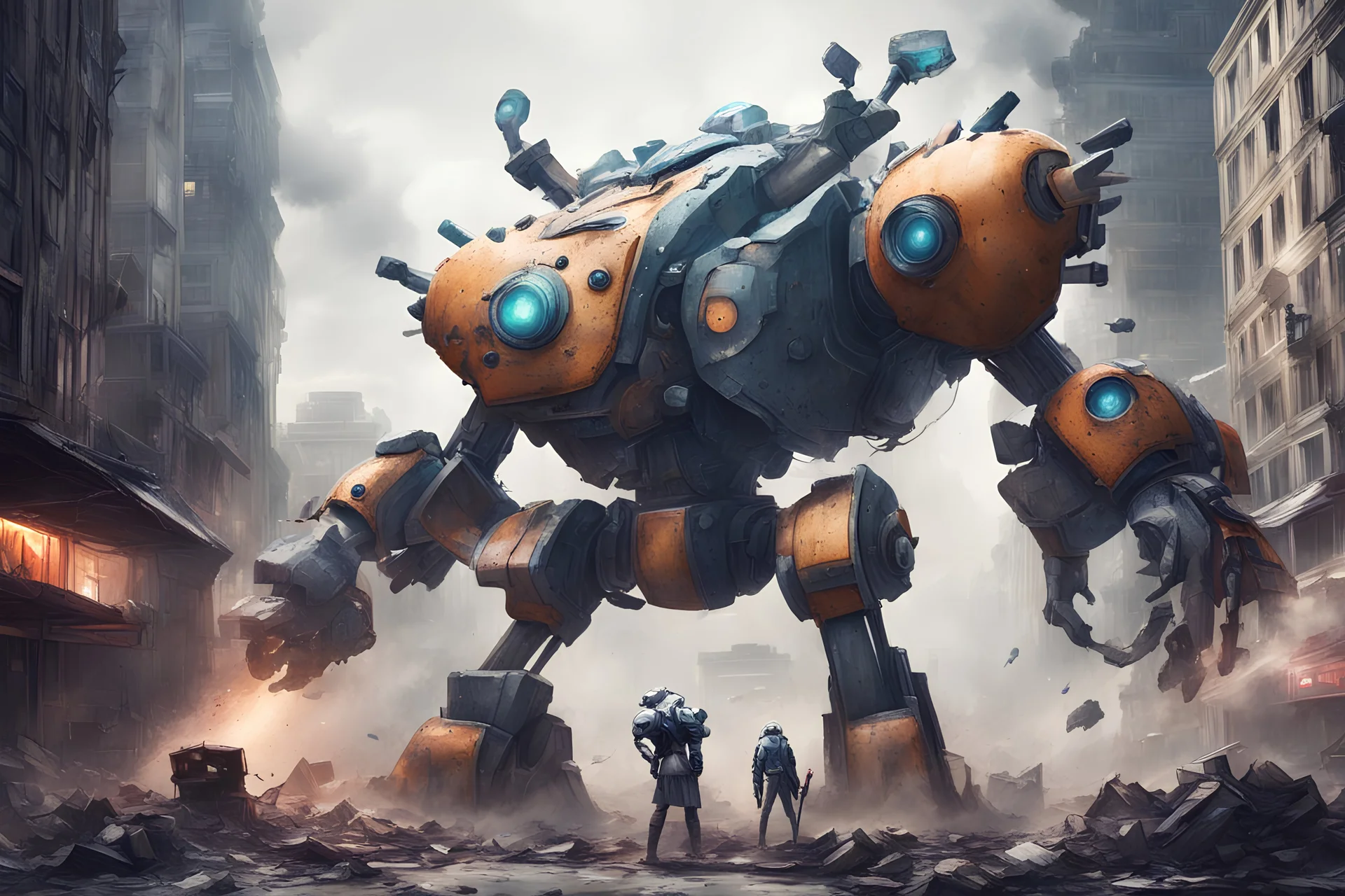 mega mech fighting against big size of bacteria monster, in town, destruction, chaos