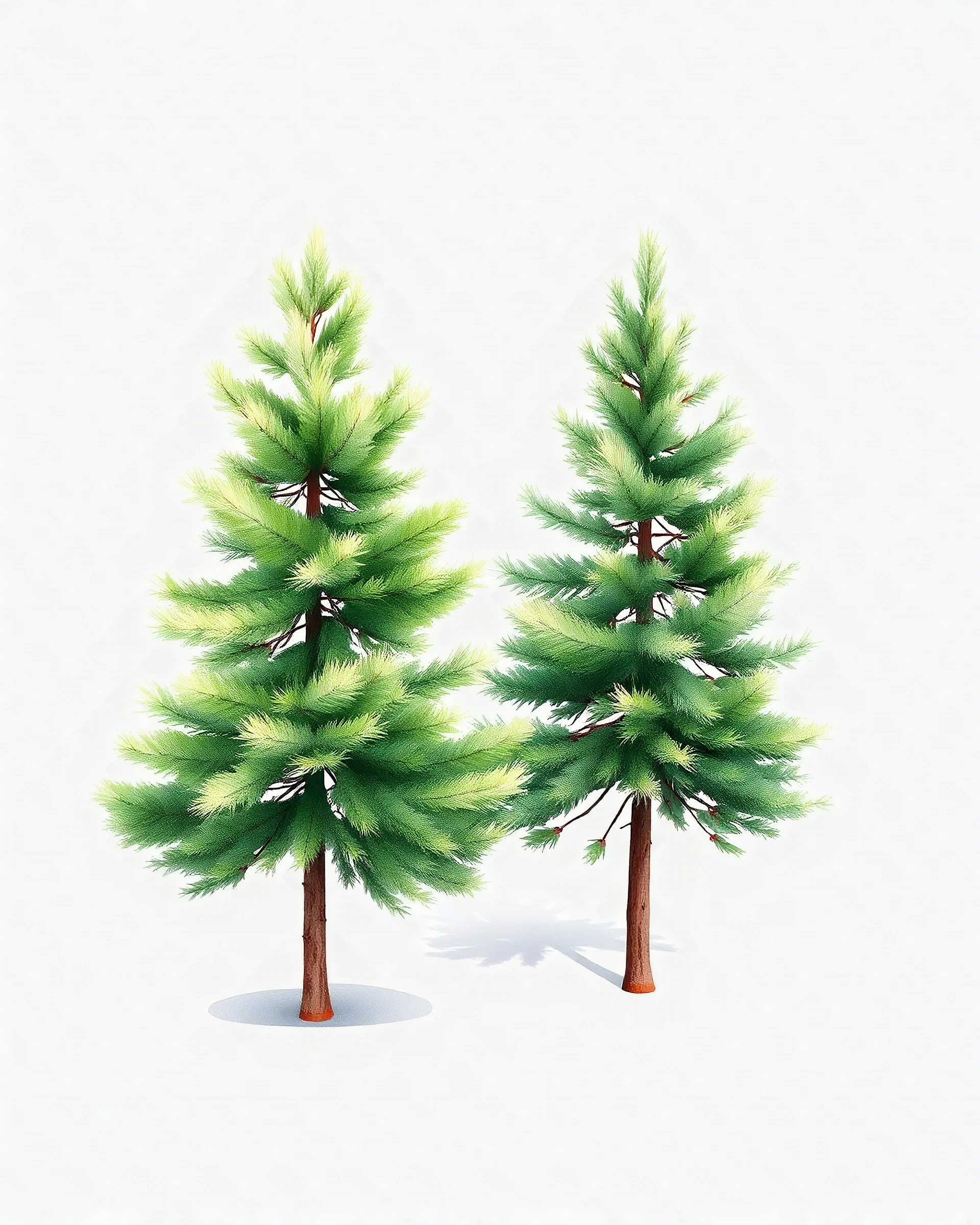 2 isolated spruce/pine trees with ground shadow, stylized graphic with watercolor